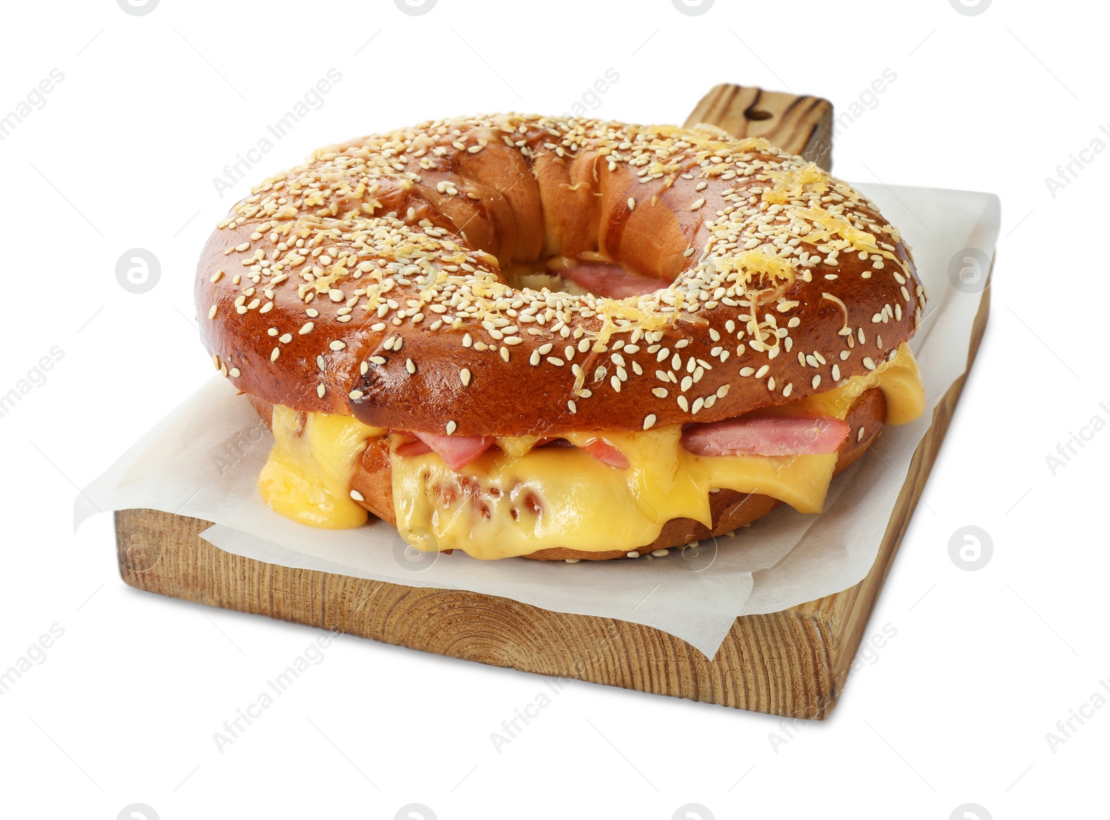 Photo of Delicious bagel with ham and cheese isolated on white