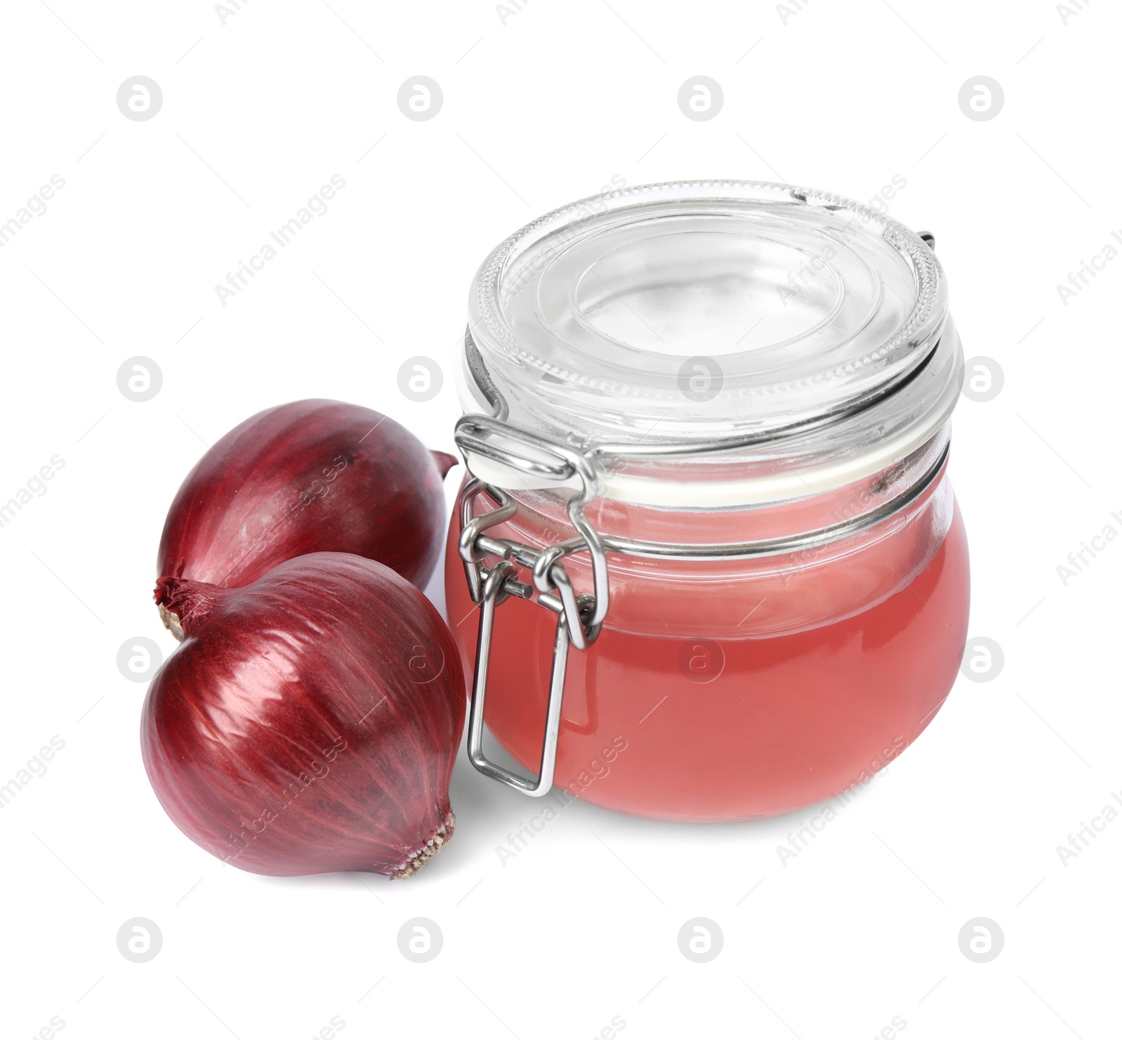 Photo of Glass jar of onion syrup and fresh ingredient on white background