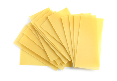 Photo of Uncooked lasagna sheets on white background, top view