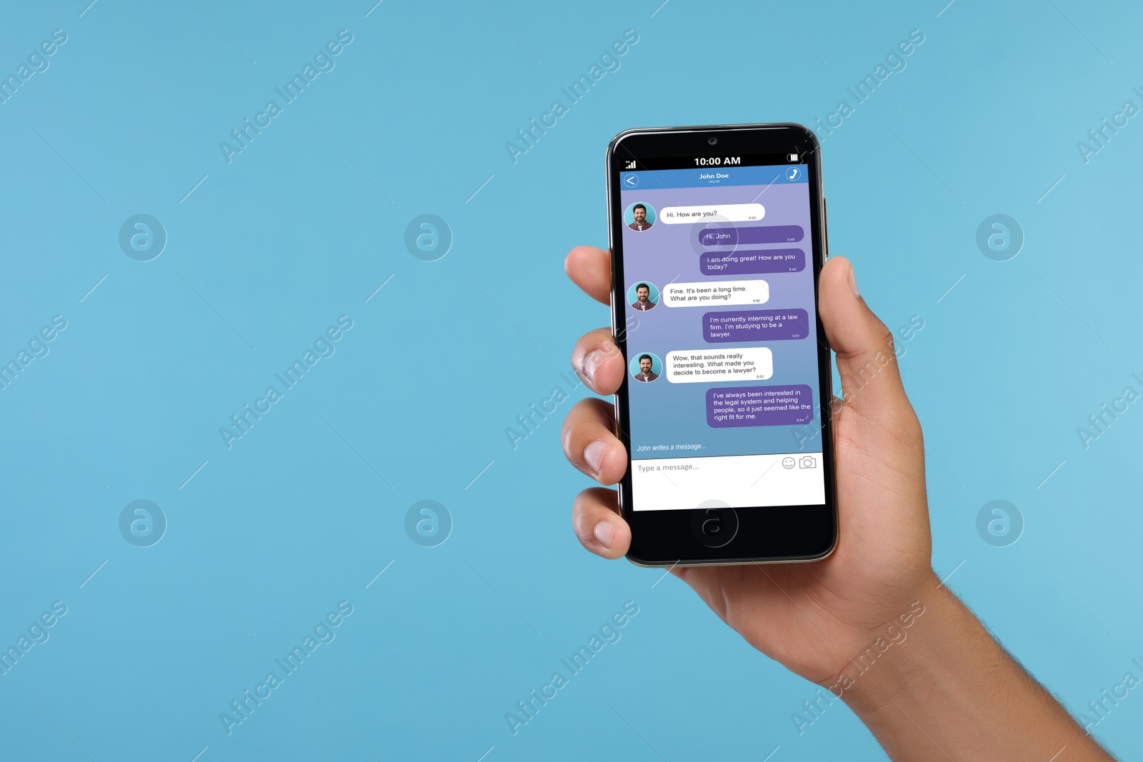 Image of Man texting with friend using messaging application on smartphone against light blue background, closeup. Space for text