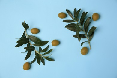 Fresh olives and green leaves on light blue background, flat lay