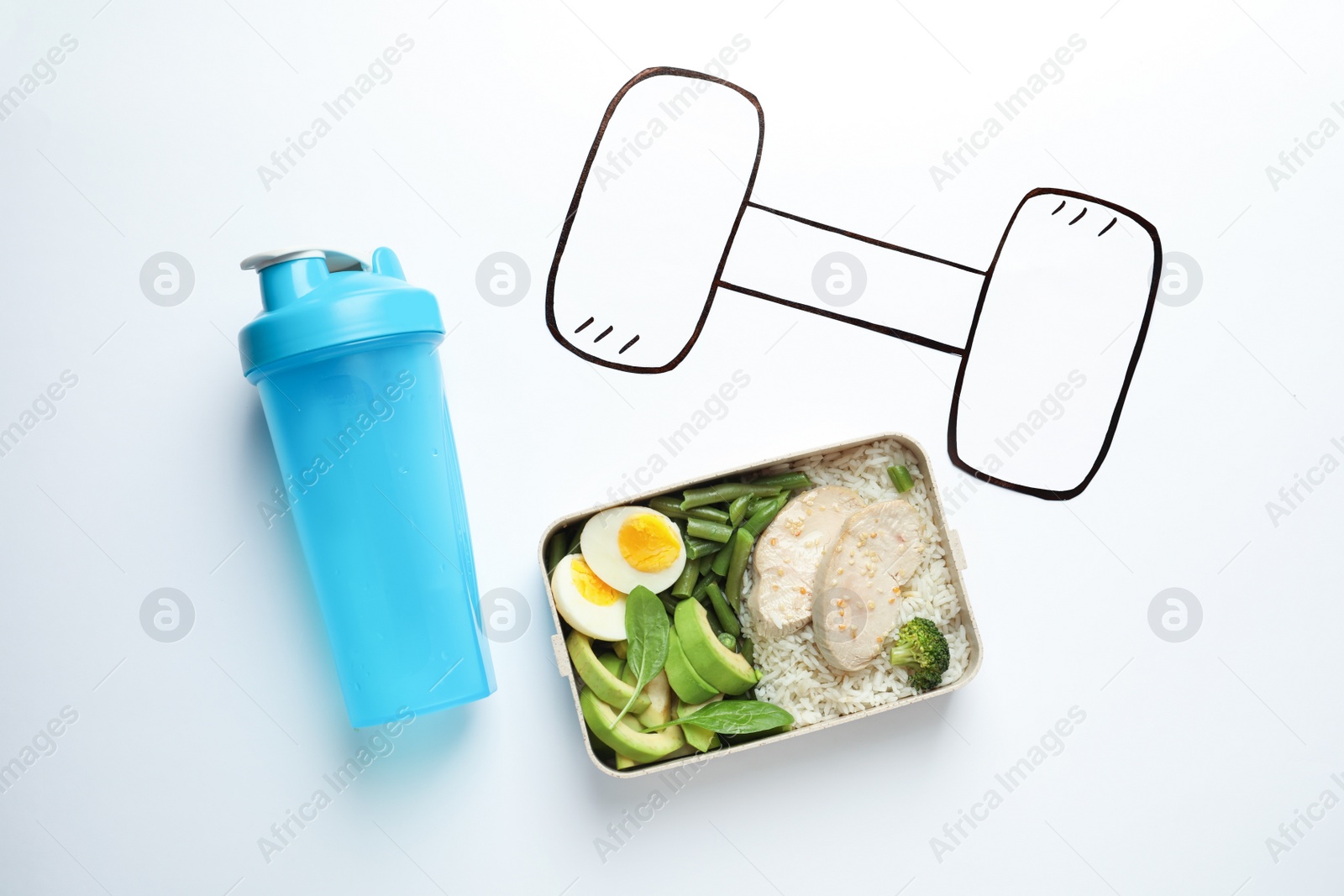 Photo of Flat lay composition with container of natural protein food on white background