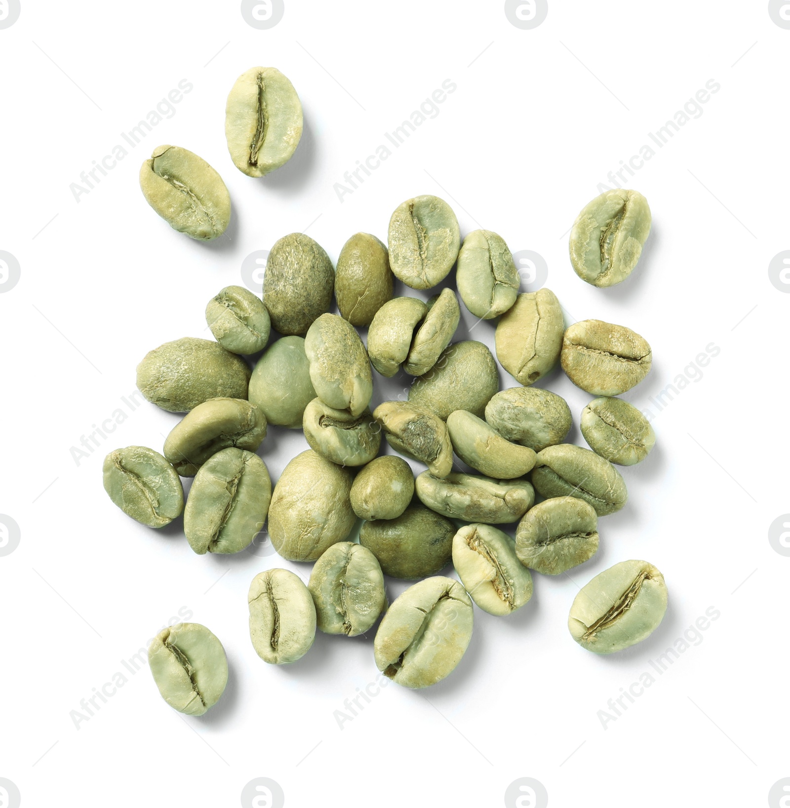 Photo of Pile of green coffee beans on white background, top view