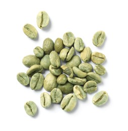 Pile of green coffee beans on white background, top view