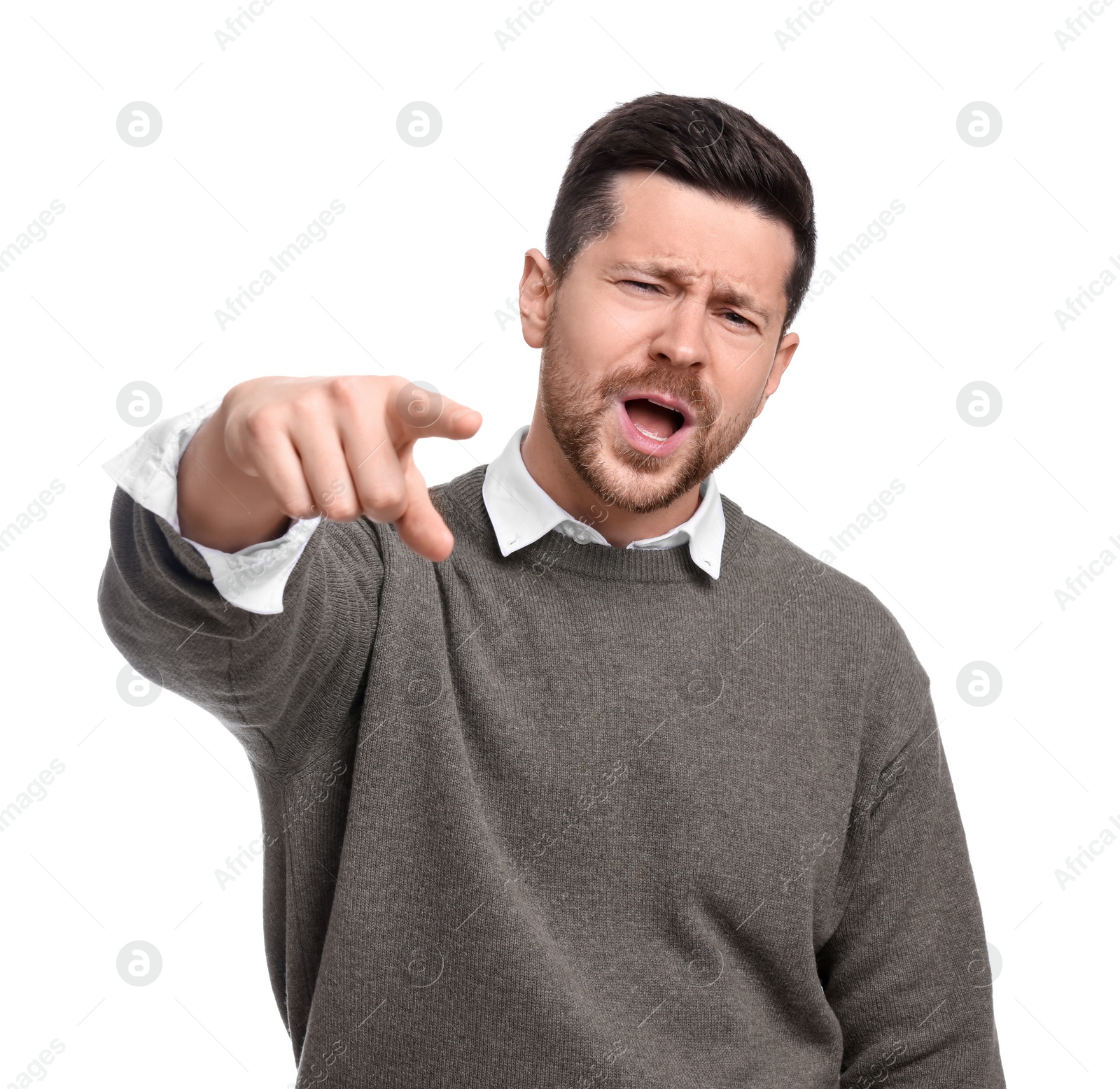 Photo of Emotional handsome bearded businessman on white background