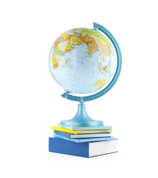 Photo of Plastic model globe of Earth and books on white background. Geography lesson