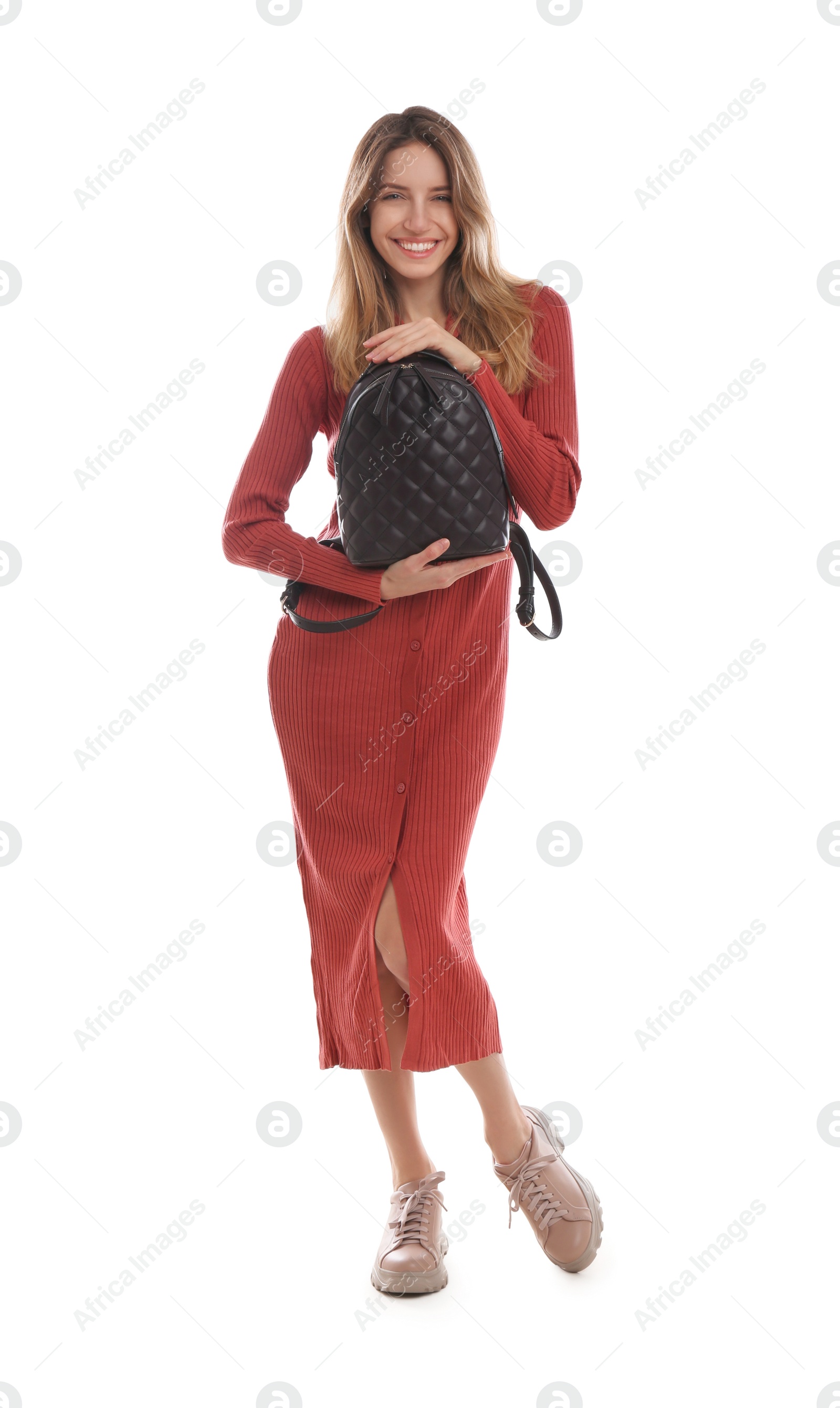 Photo of Happy woman with backpack on white background