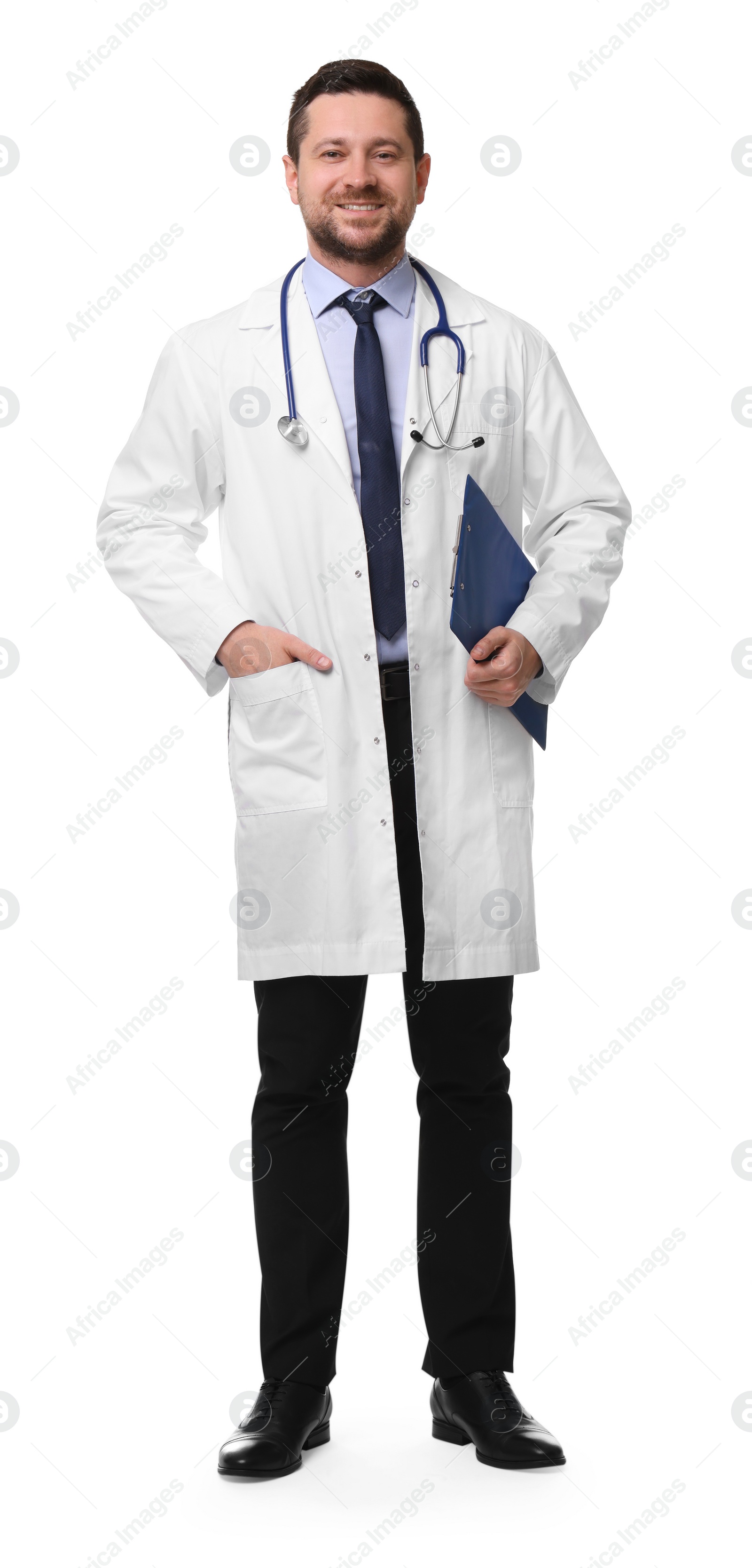 Photo of Full length portrait of smiling doctor with clipboard isolated on white