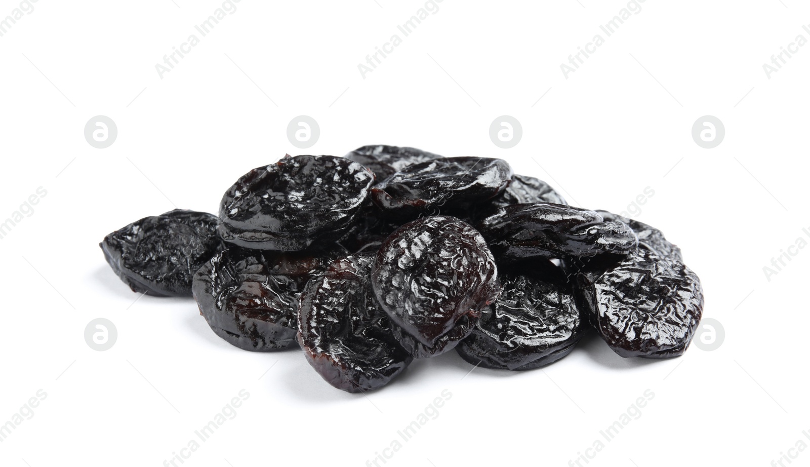 Photo of Heap of tasty prunes on white background. Dried fruit as healthy snack