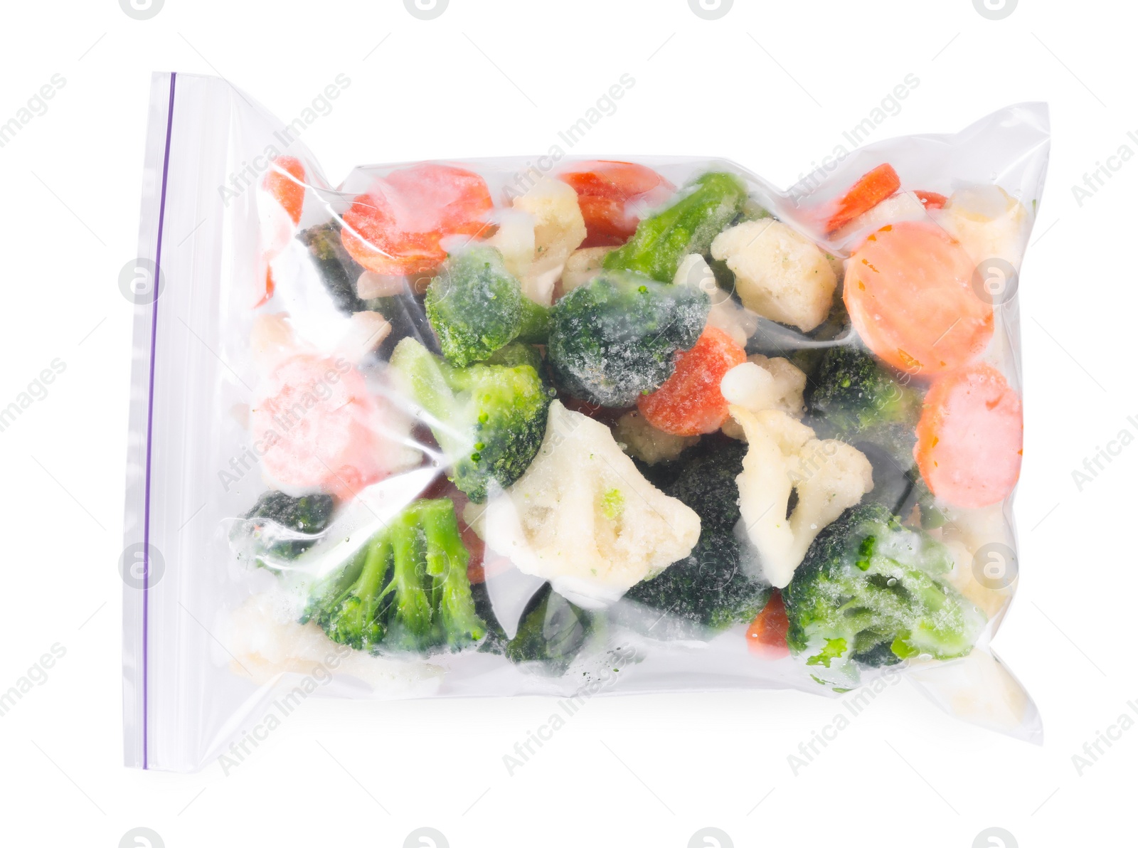 Photo of Mix of different frozen vegetables in zip bag isolated on white, top view