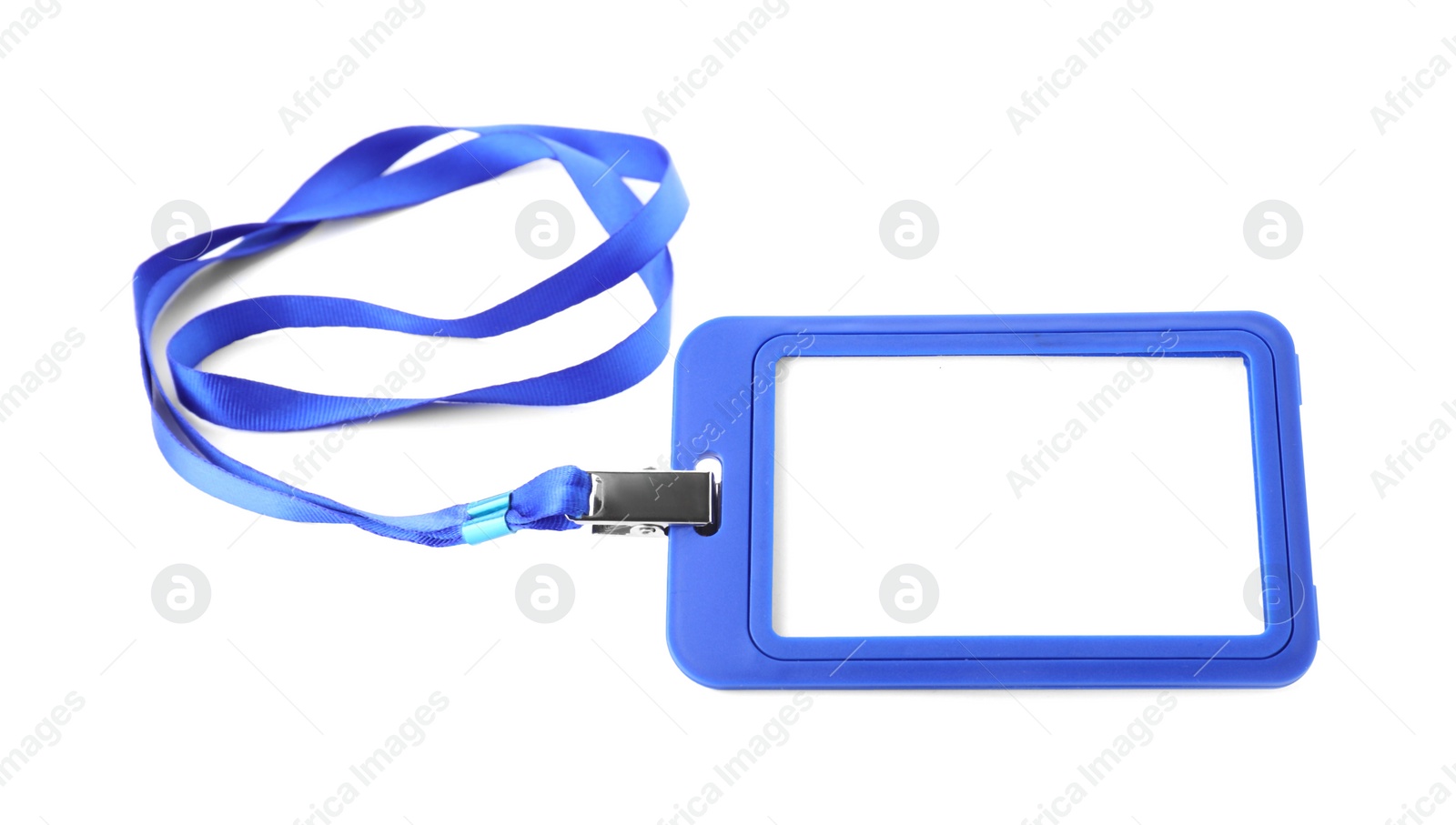 Photo of Blank blue badge with string isolated on white