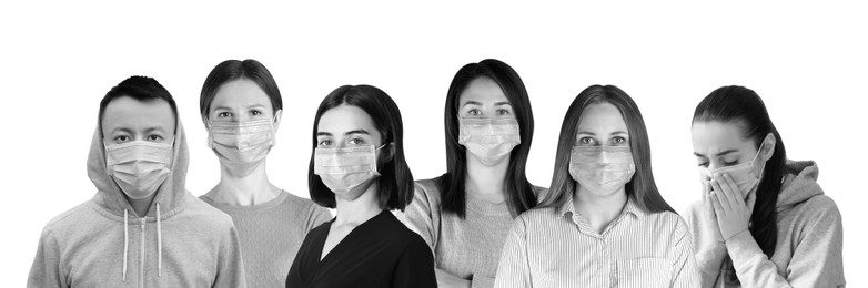 Image of Group of people wearing medical face masks on light background, banner design. Black and white photography