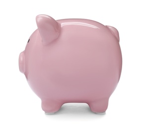 Photo of Pink piggy bank on white background. Money saving