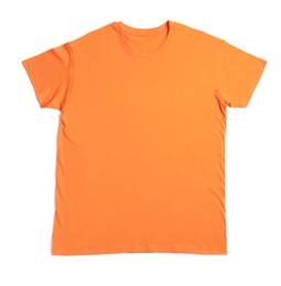 Photo of Orange t-shirt isolated on white, top view. Mockup for design