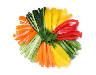 Photo of Different vegetables cut in sticks on white background, top view