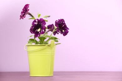 Photo of Beautiful petunia flowers in green pot on wooden table against violet background. Space for text