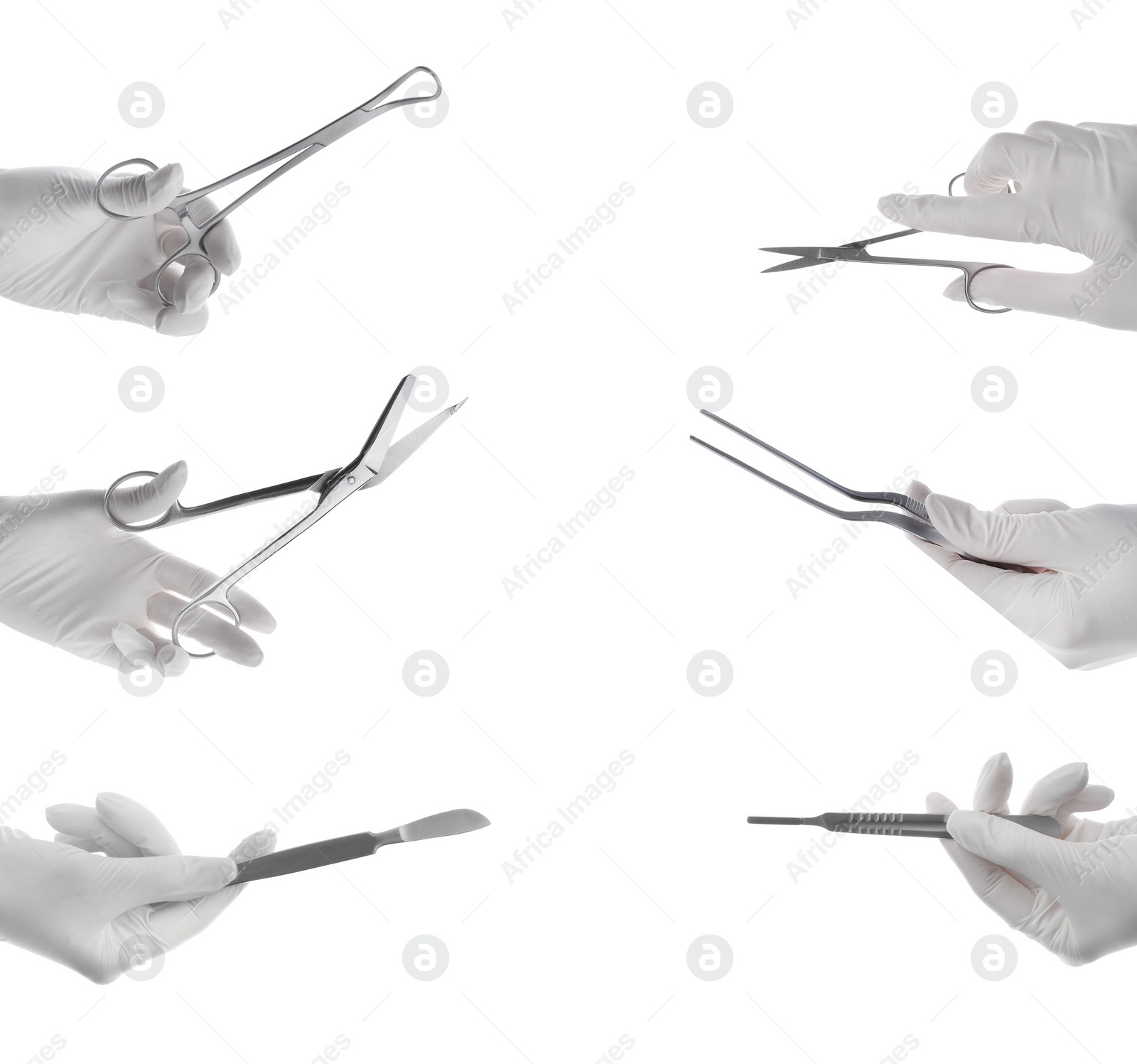 Image of Collage with photos of doctors holding different surgical instruments on white background, closeup