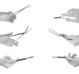 Image of Collage with photos of doctors holding different surgical instruments on white background, closeup