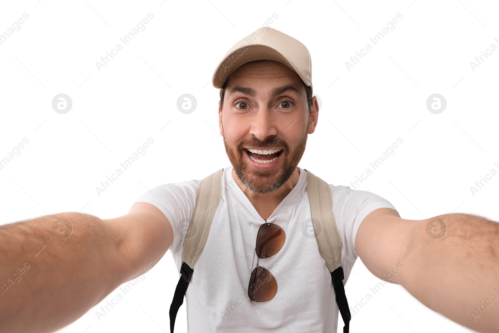 Photo of Smiling man taking selfie on white background