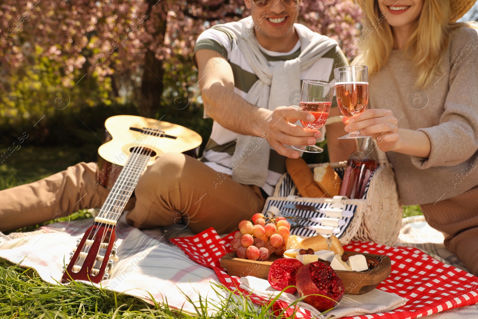 Photo of Happy couple having picnic in park on sunny day, closeup