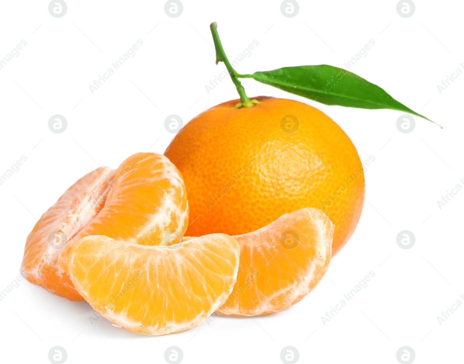 Photo of Fresh ripe juicy tangerines with green leaf isolated on white