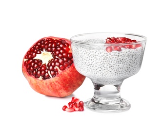 Photo of Dessert bowl of tasty chia seed pudding with pomegranate isolated on white