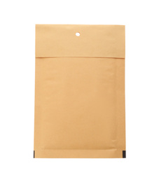 Photo of Kraft paper envelope isolated on white. Mail service