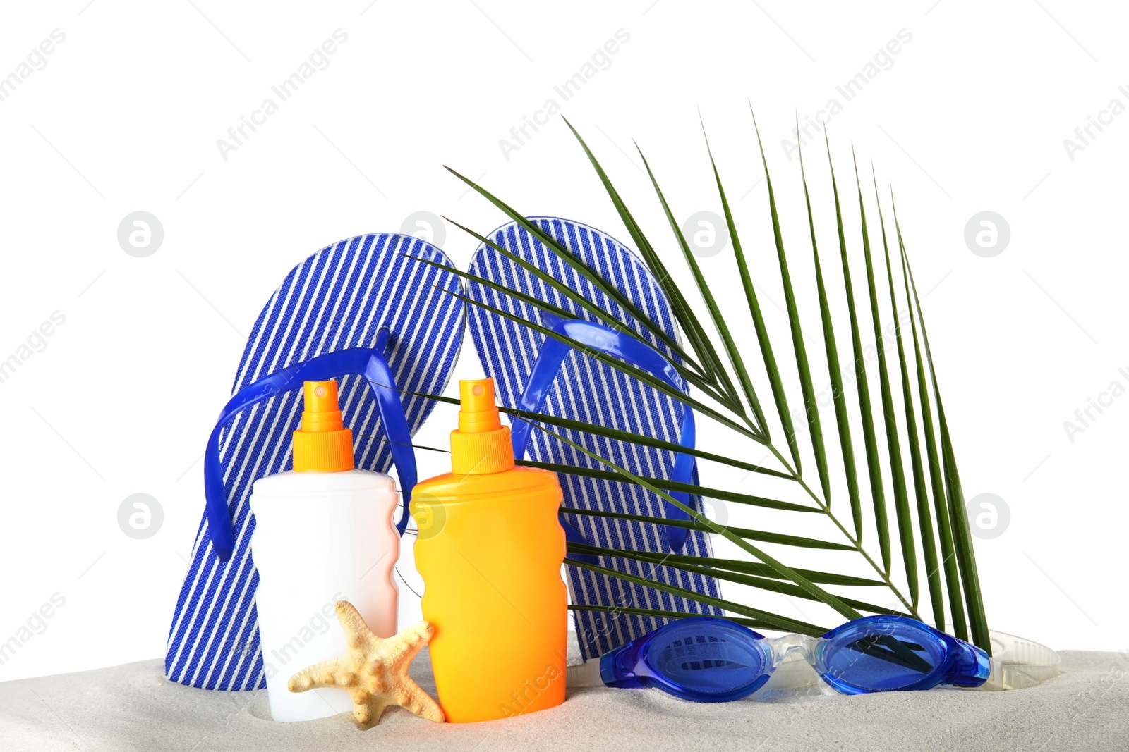 Photo of Composition with sun protection products on white background. Body care