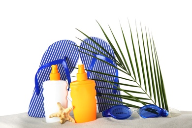 Composition with sun protection products on white background. Body care