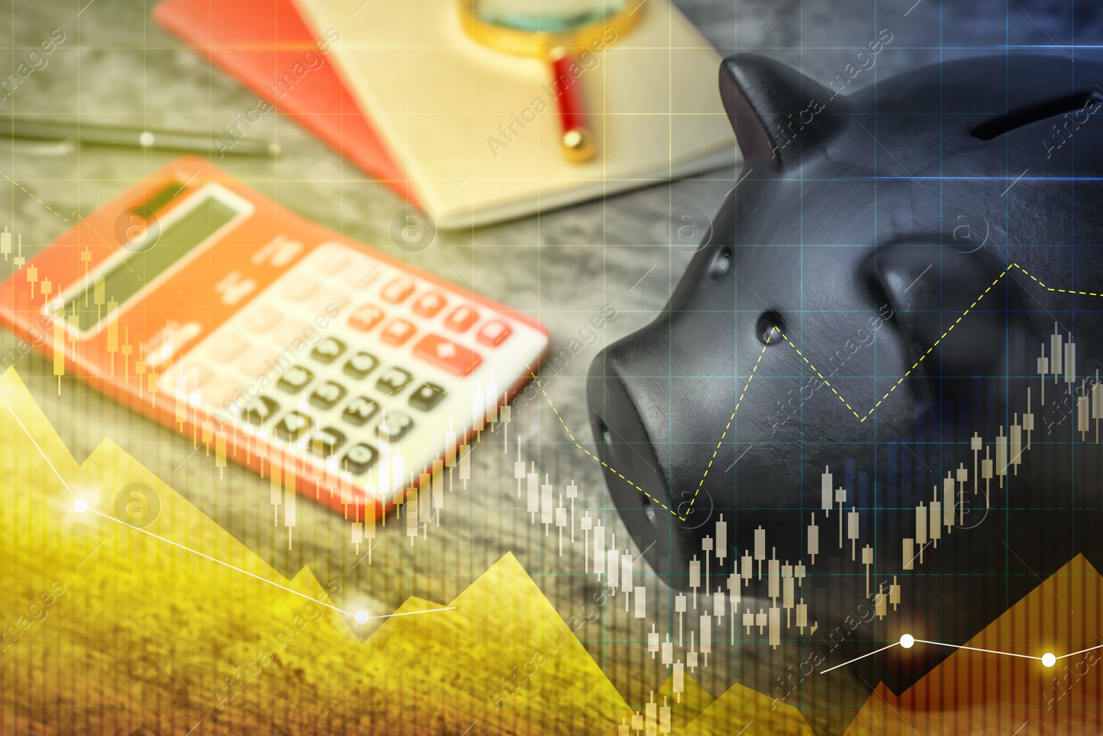 Image of Black piggy bank and calculator on table. Illustration of financial graphs