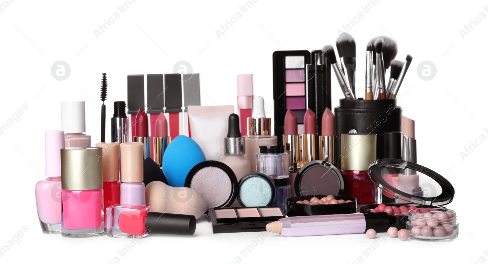 Photo of Different luxury decorative cosmetics and brushes on white background