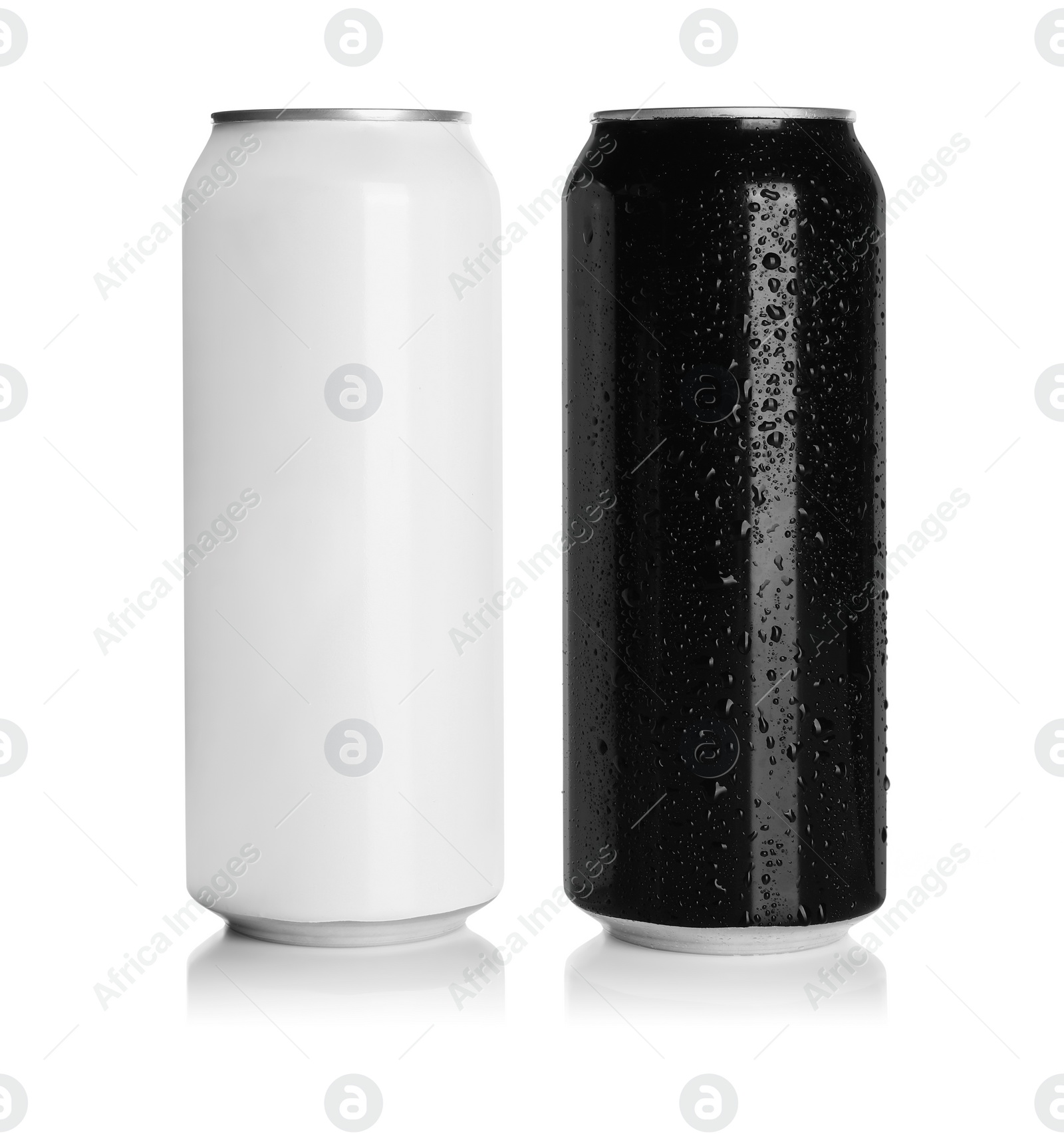 Photo of Aluminum cans with drinks on white background