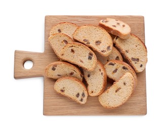 Photo of Sweet hard chuck crackers with raisins on white background, top view