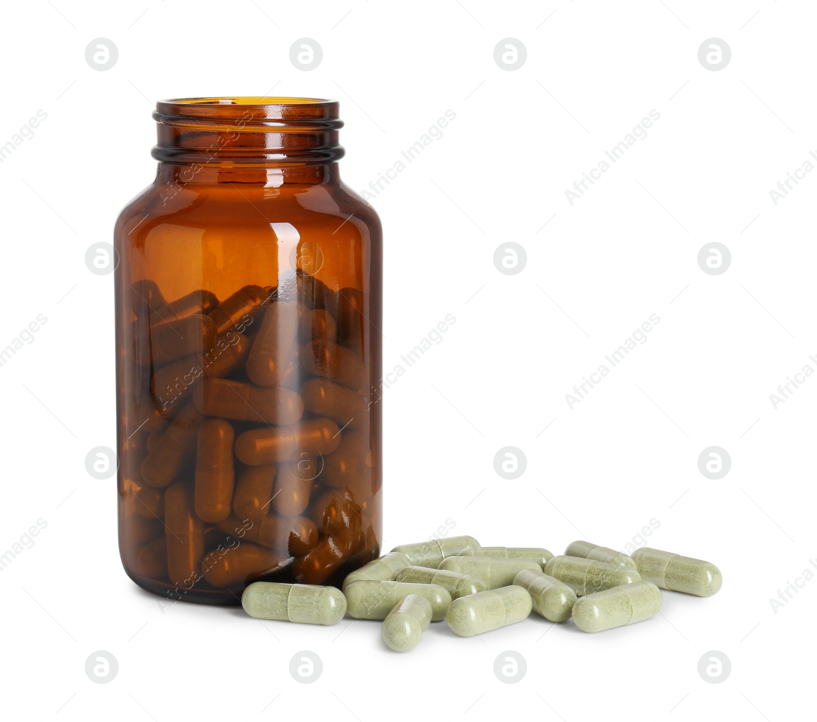 Photo of Bottle and pile of vitamin pills isolated on white