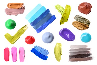 Image of Paint samples of different colors on white background, top view