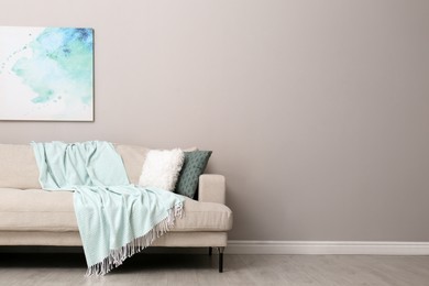 Modern comfortable sofa and picture near wall in room, space for text. Interior design