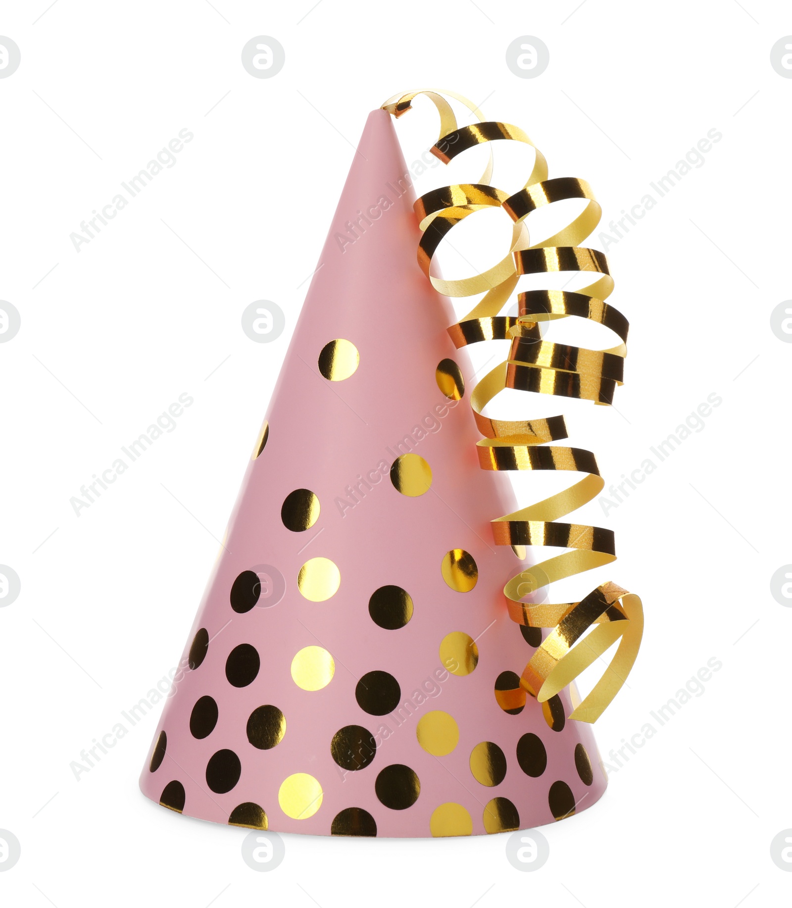 Photo of Bright party hat with streamers isolated on white. Festive accessory