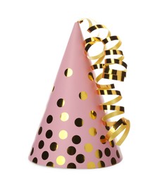 Photo of Bright party hat with streamers isolated on white. Festive accessory