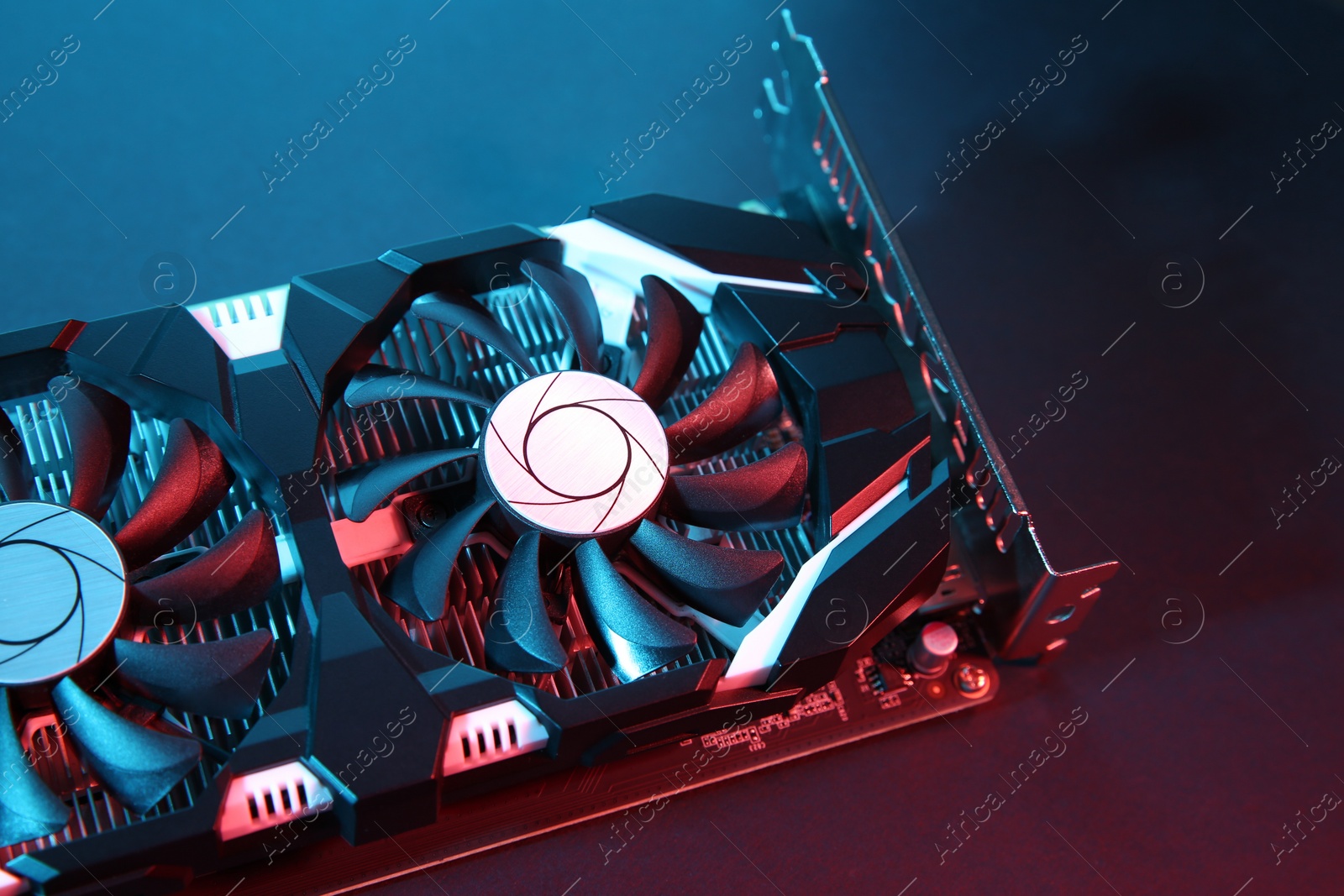 Photo of Computer graphics card on color background, closeup