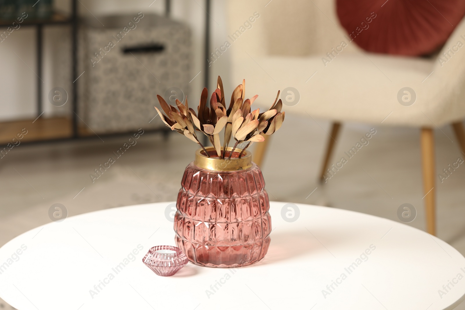 Photo of Vase with beautiful dried leucadendron plants and candle on white table in living room