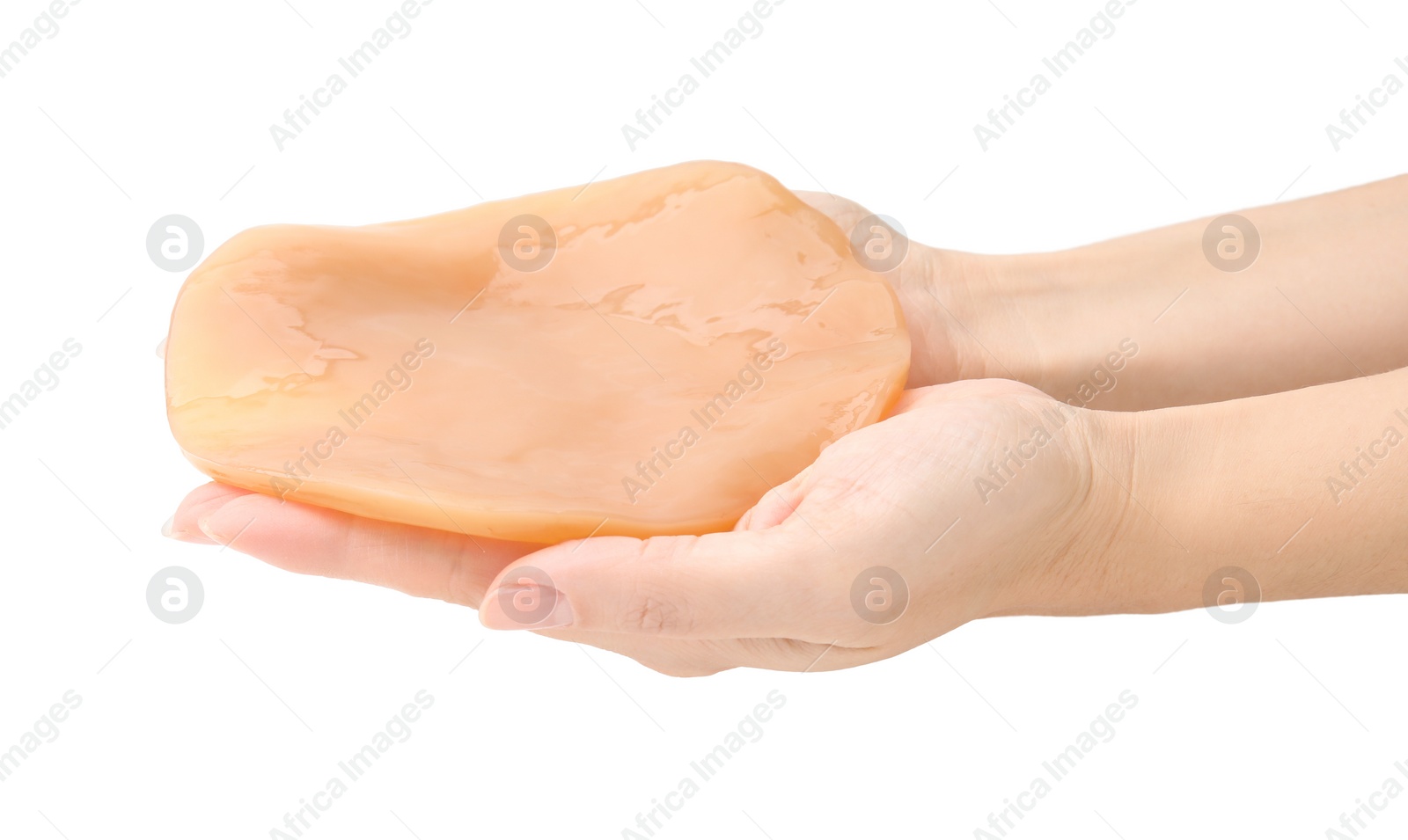 Photo of Making kombucha. Woman holding Scoby fungus on white background, closeup