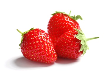 Photo of Fresh ripe red strawberries on white background