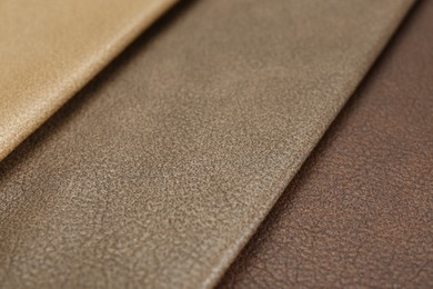 Different natural types of leather as background, closeup view