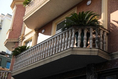 Exterior of beautiful building with balconies and palm tree outdoors, low angle view