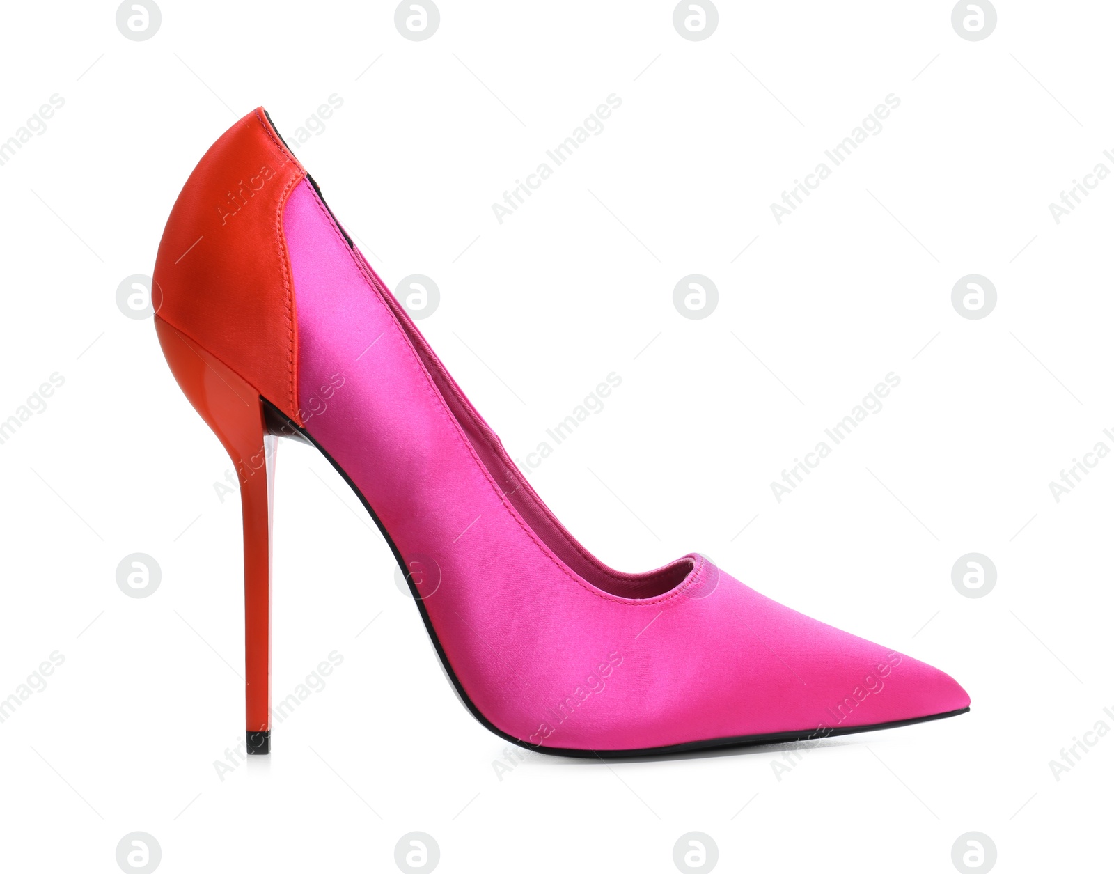 Photo of Beautiful high heel shoe on white background