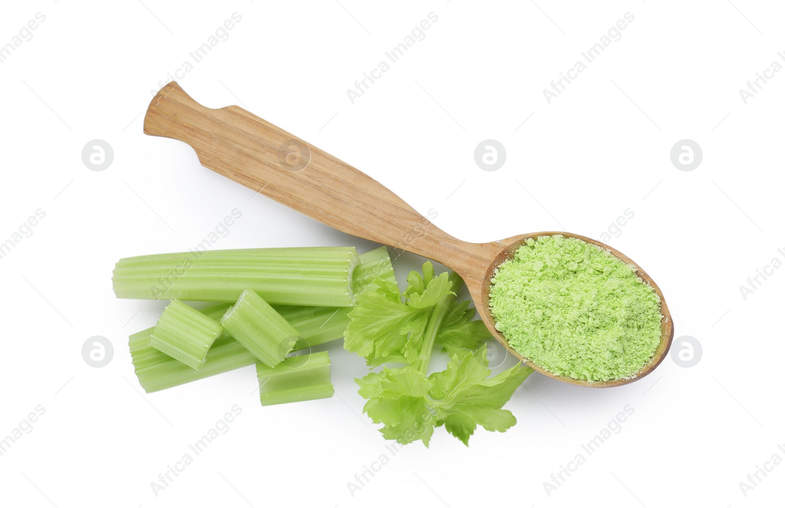 Photo of Wooden spoon of celery powder and fresh cut stalk isolated on white, top view