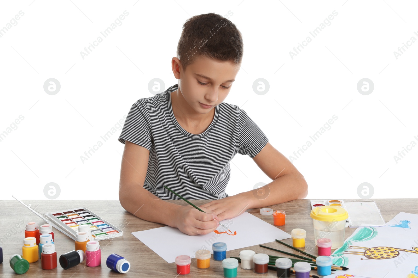 Photo of Cute child painting picture at table on white background