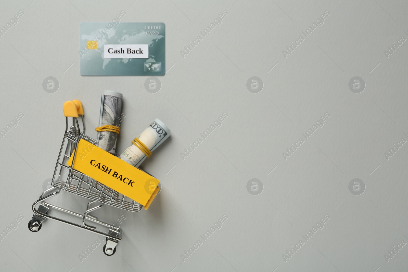 Photo of Credit card and rolled dollar banknotes in shopping cart on light grey background, flat lay. Space for text