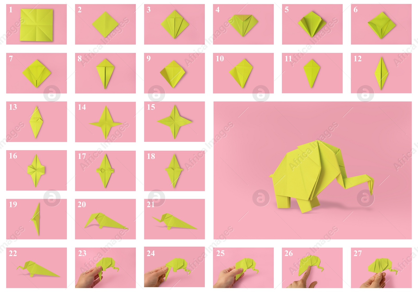 Image of Origami art. Making yellow paper elephant step by step, photo collage on pink background