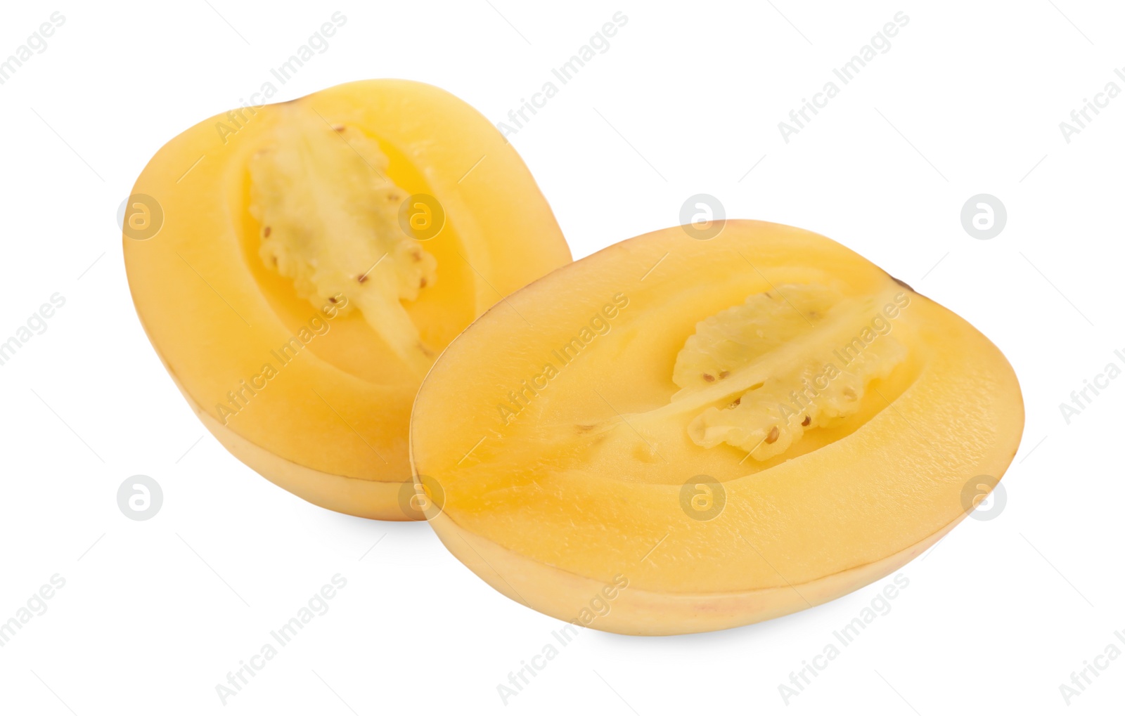 Photo of Halves of fresh ripe pepino melon on white background